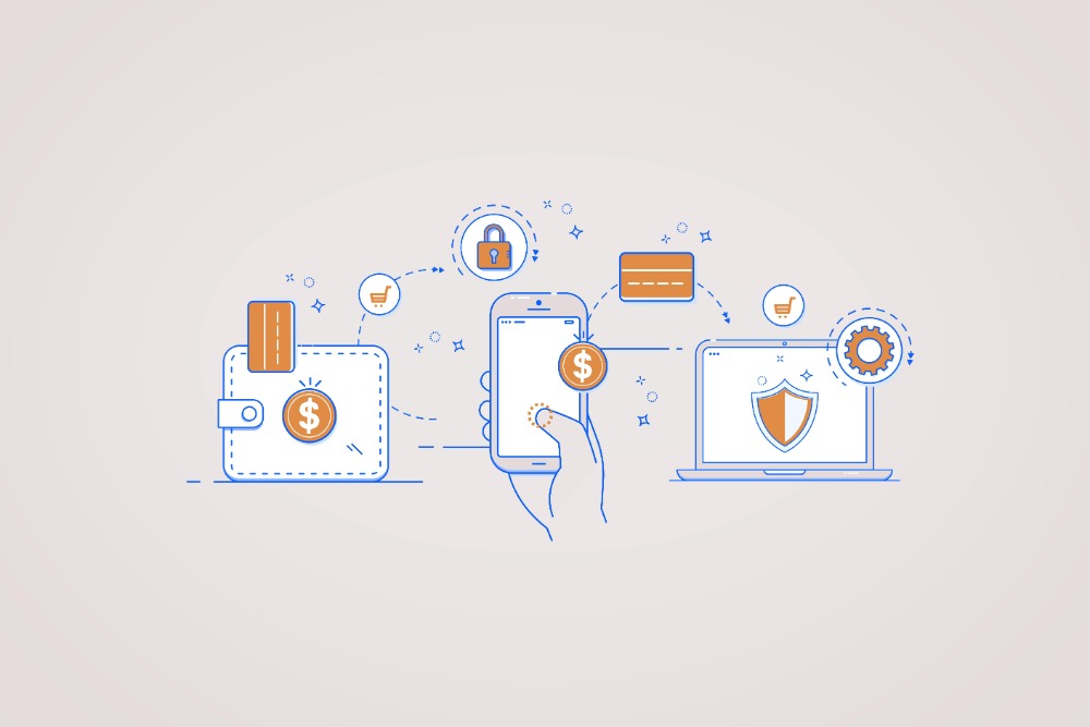 Infographic with digital wallet, phone and computer