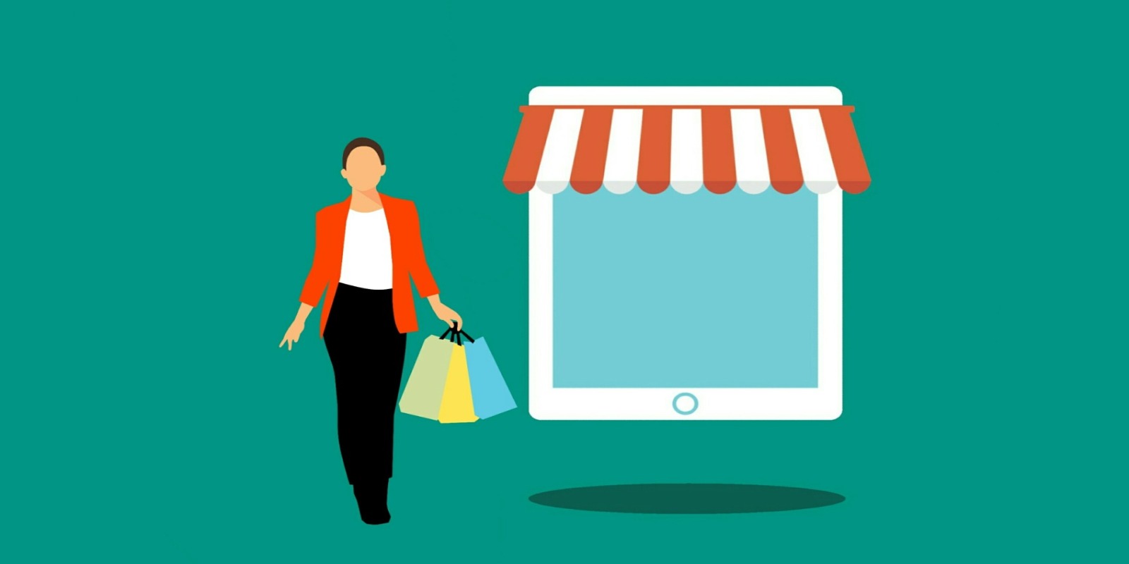 Woman in red jacket and Black pants holding three shopping bags next to a tablet with store window shades on top